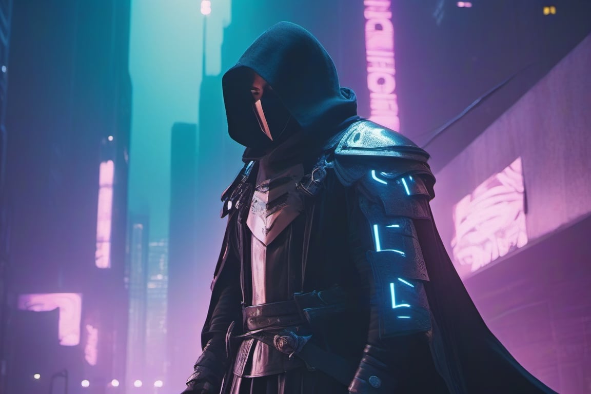 A man with templar-like clothing holding a sword in a modern cyberpunk city