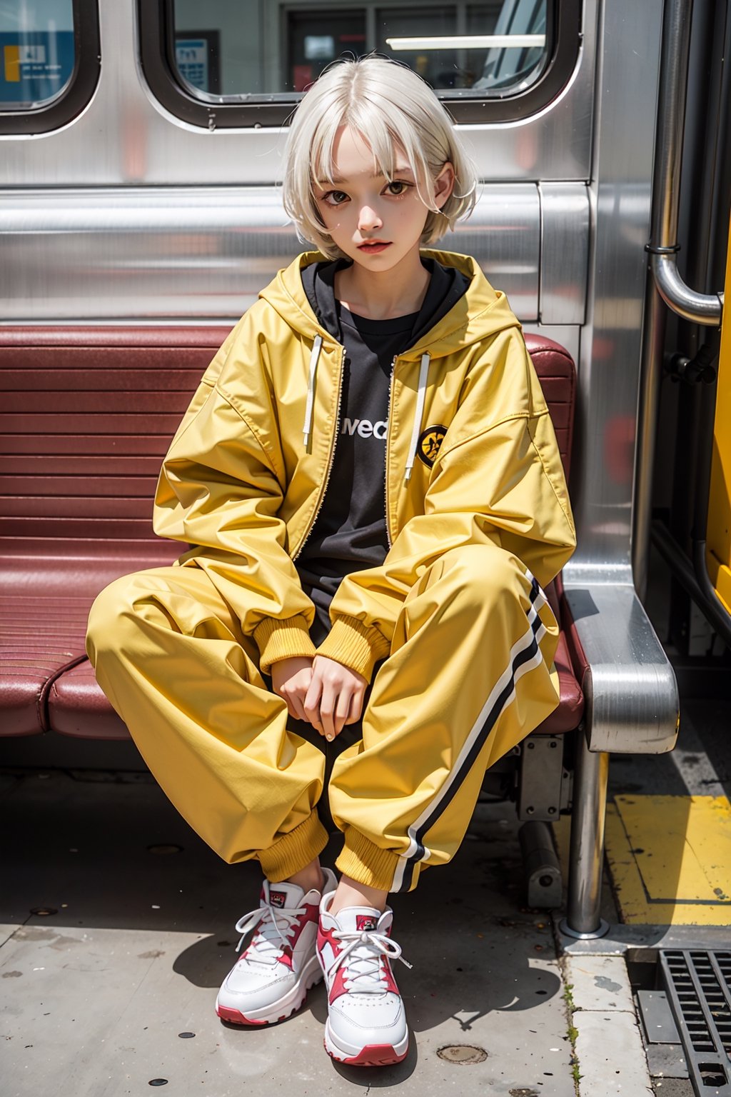 yellow_jacket, 1girl,  oversized_clothes , white_hair , sneakers , sitting inside a subway