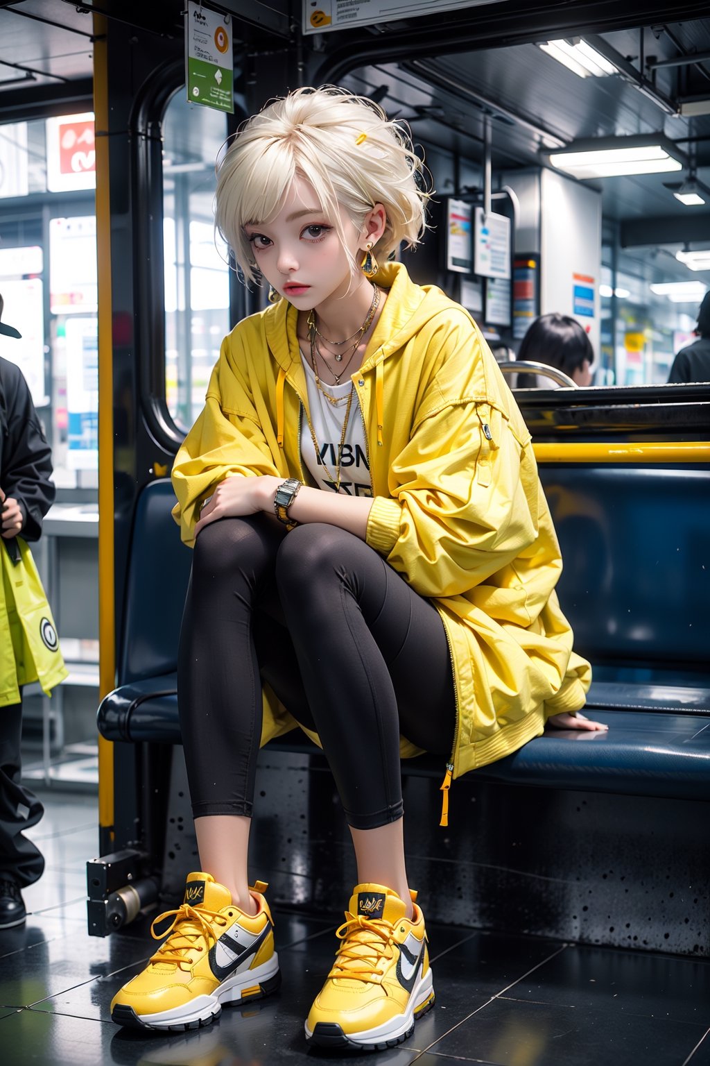 yellow_jacket, 1girl,  oversized_clothes , white_hair , sneakers , sitting inside a subway