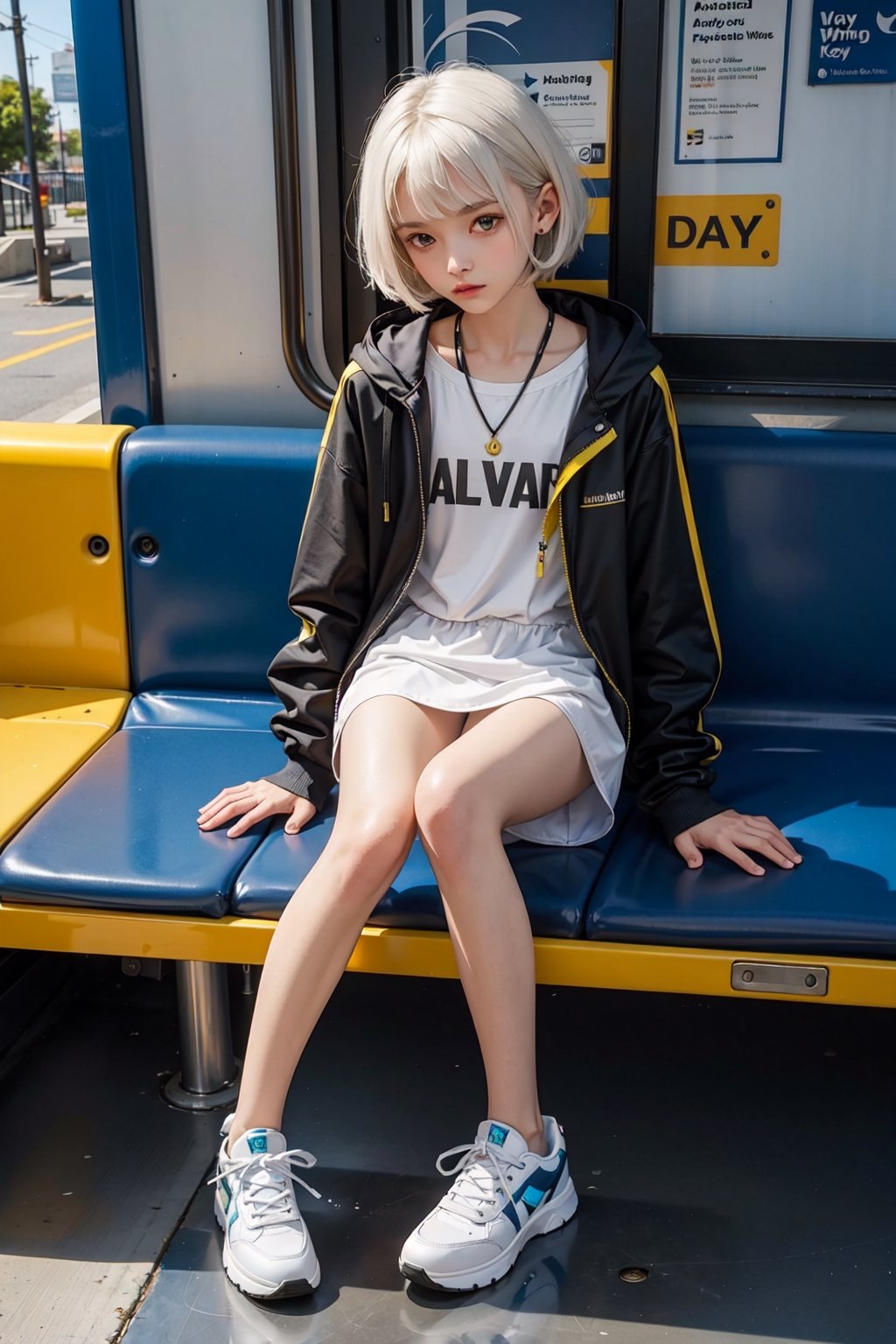 yellow_jacket, 1girl,  oversized_clothes , white_hair , sneakers , sitting inside a subway