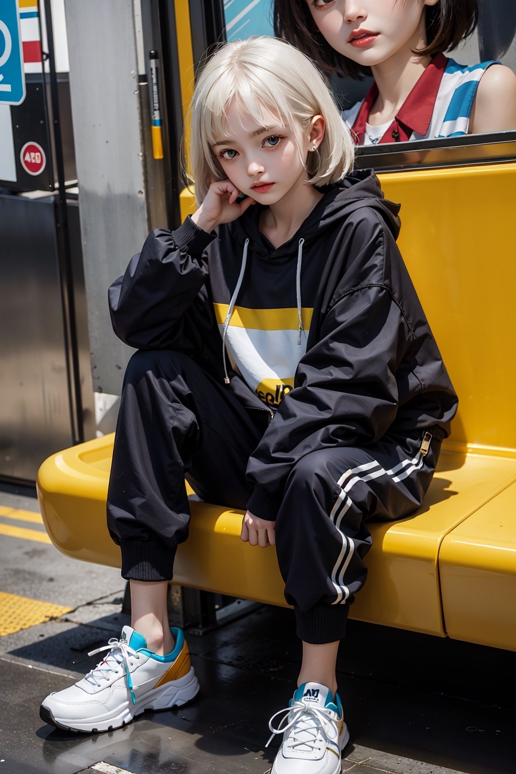 yellow_jacket, 1girl,  oversized_clothes , white_hair , sneakers , sitting inside a subway