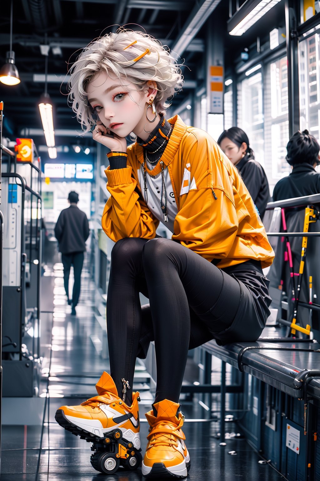 yellow_jacket, 1girl,  oversized_clothes , white_hair , sneakers , sitting inside a subway