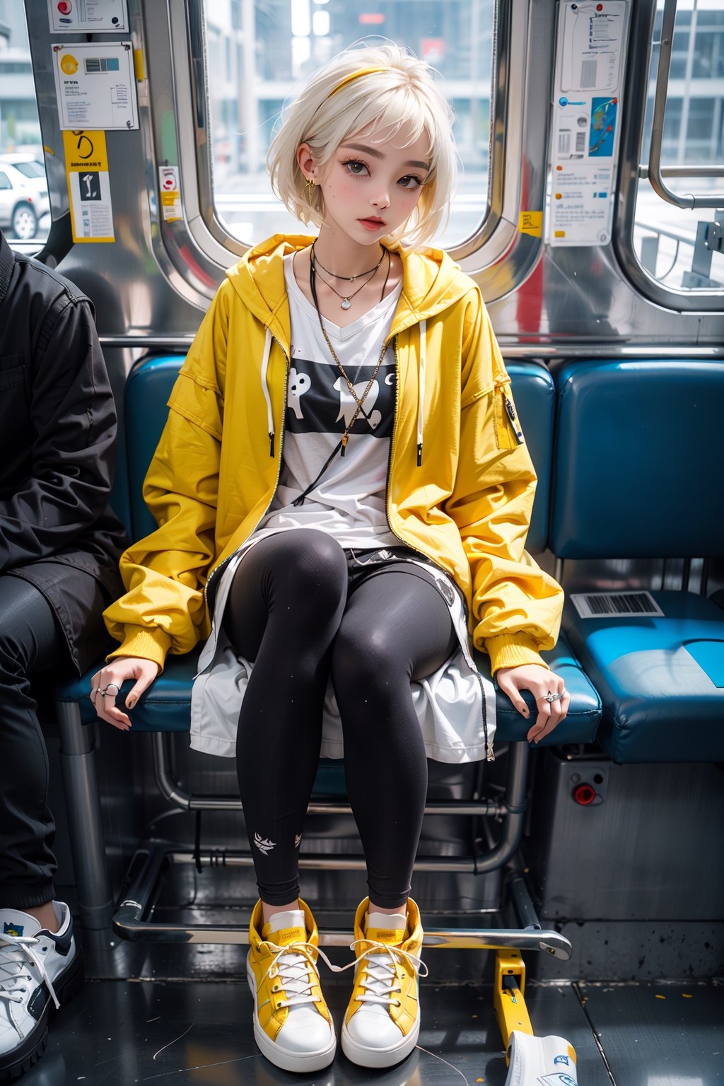 yellow_jacket, 1girl,  oversized_clothes , white_hair , sneakers , sitting inside a subway