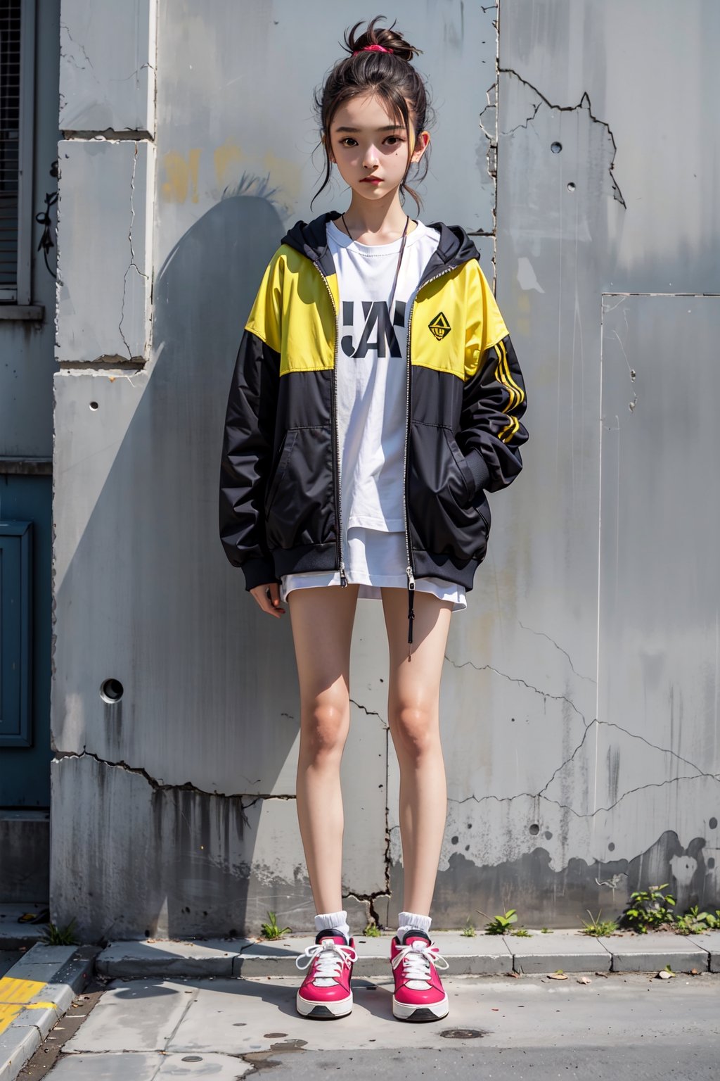 yellow_jacket, 5girl,  oversized_clothes , white_hair , sneakers , no brand girls, sfw_nudity,