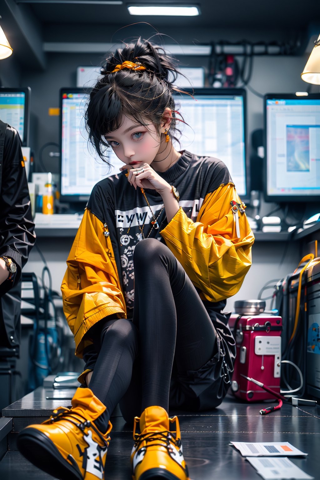 yellow_jacket, 1girl,  oversized_clothes , white_hair , sneakers , sitting inside a subway