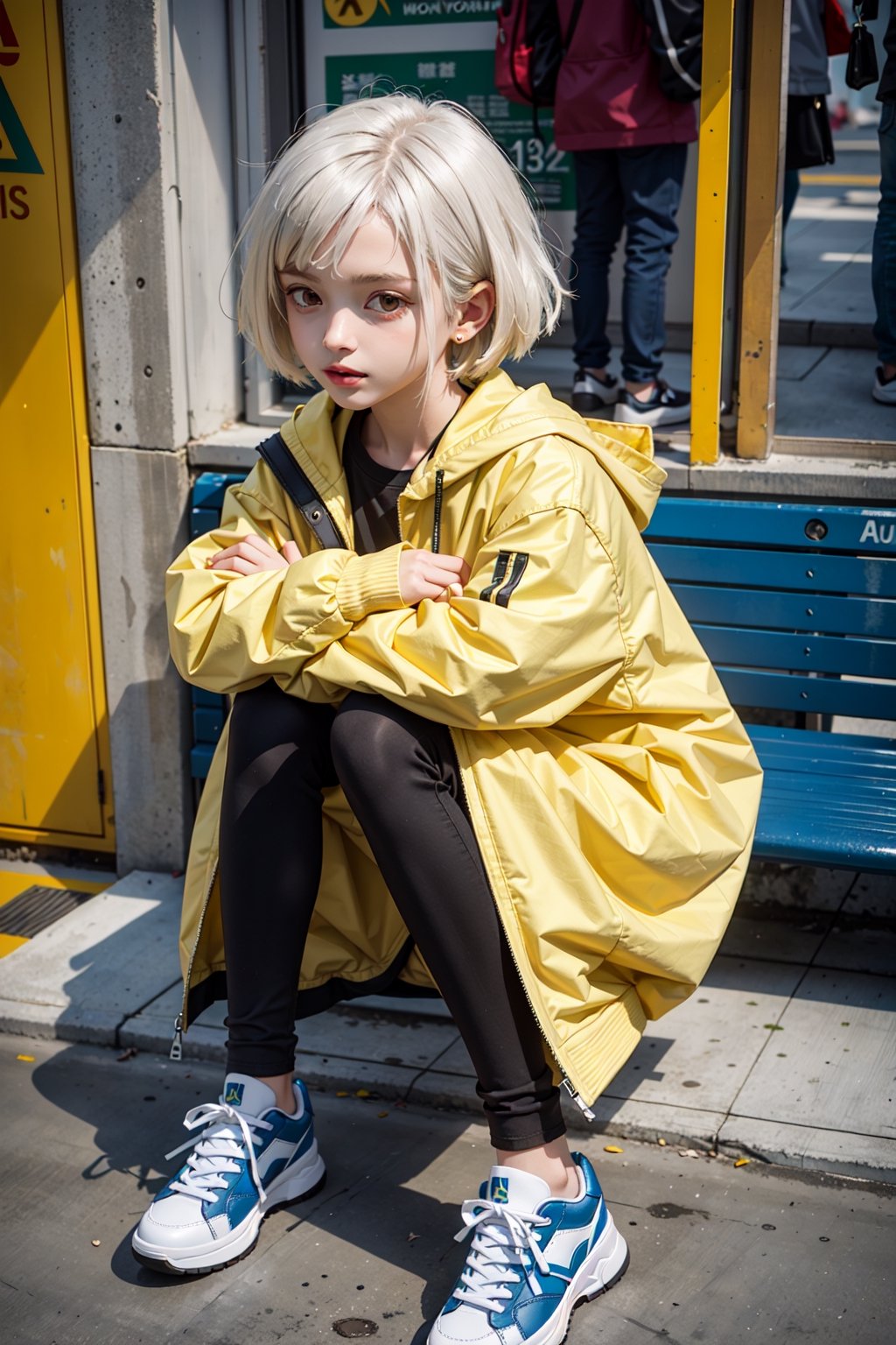 yellow_jacket, 1girl,  oversized_clothes , white_hair , sneakers , sitting inside a subway