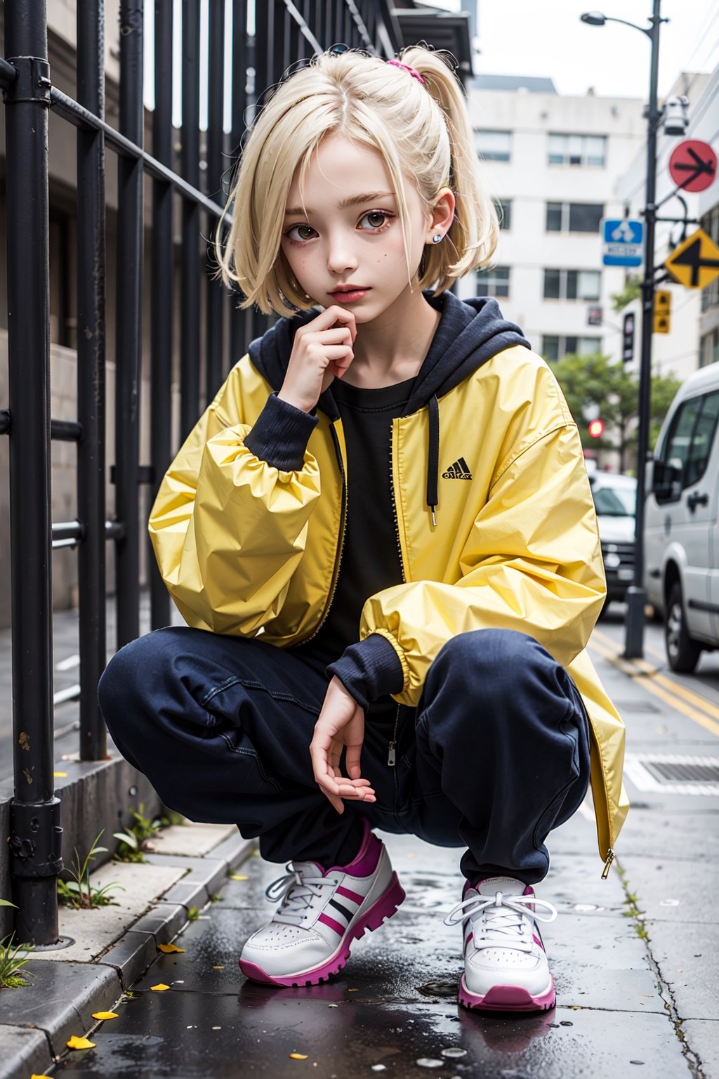 yellow_jacket, 5girl,  oversized_clothes , white_hair , sneakers , no brand girls, sfw_nudity,