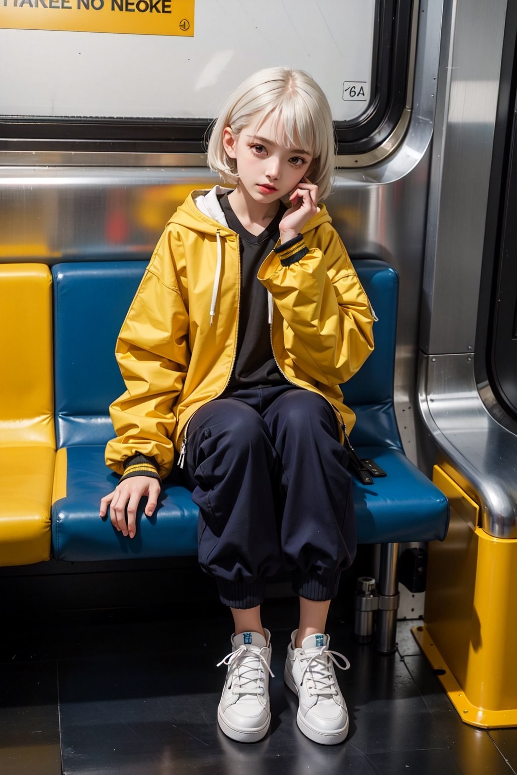 yellow_jacket, 1girl,  oversized_clothes , white_hair , sneakers , sitting inside a subway