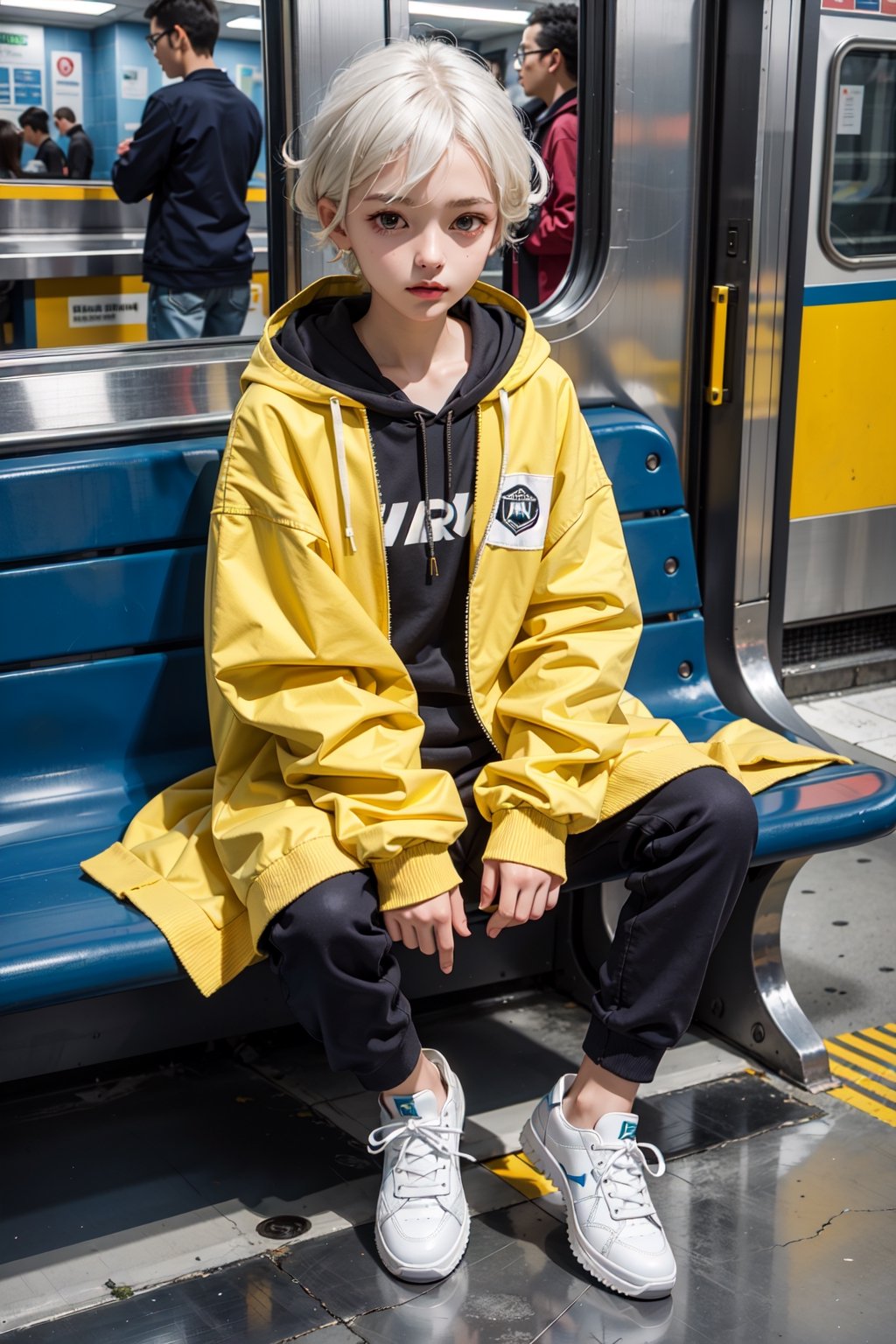 yellow_jacket, 1girl,  oversized_clothes , white_hair , sneakers , sitting inside a subway