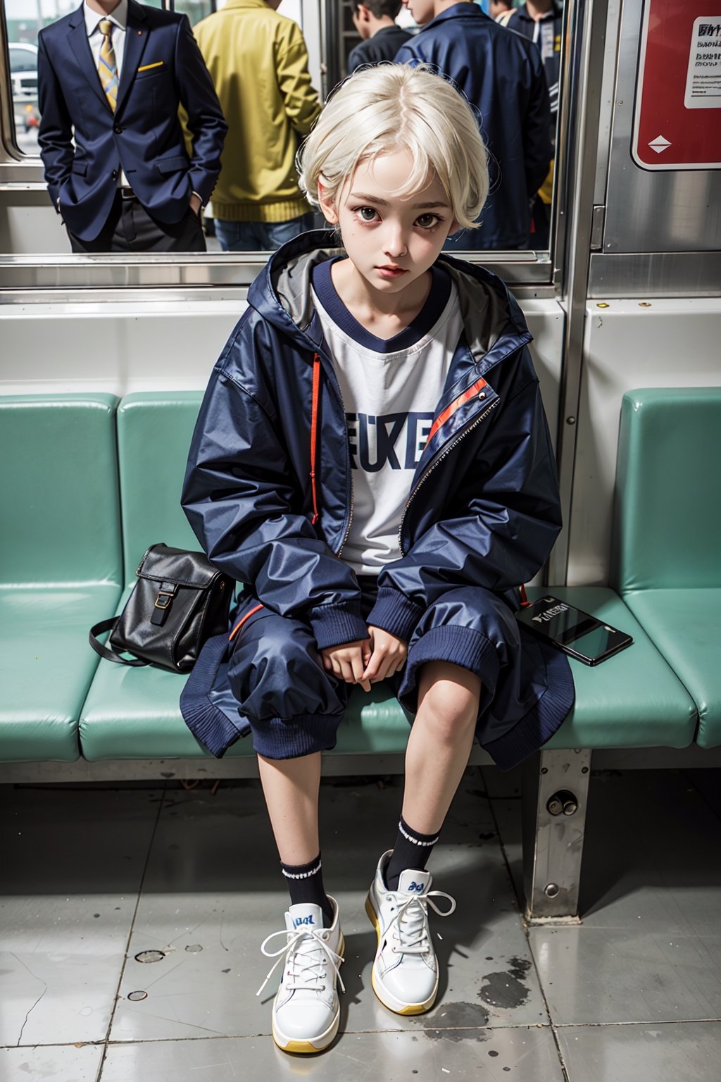 yellow_jacket, 1girl,  oversized_clothes , white_hair , sneakers , sitting inside a subway