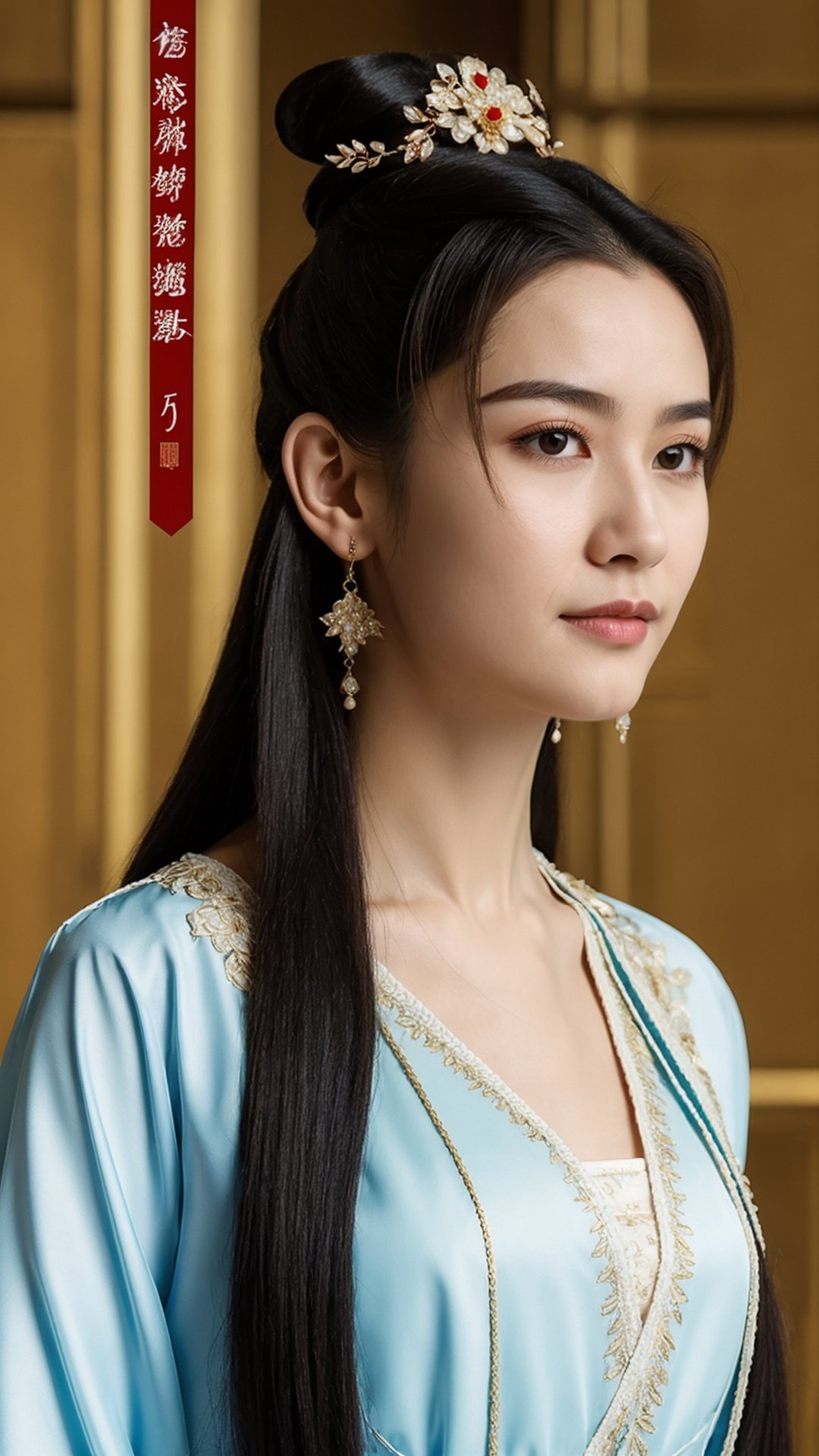 fairy hanfu, 1girl, solo, long hair, looking at viewer, black hair, hair ornament, jewelry, upper body, earrings, black eyes, chinese clothes, realistic, chinese text, hanfu, tienhiep,Hanfu,tienhiep,photorealistic,Masterpiece