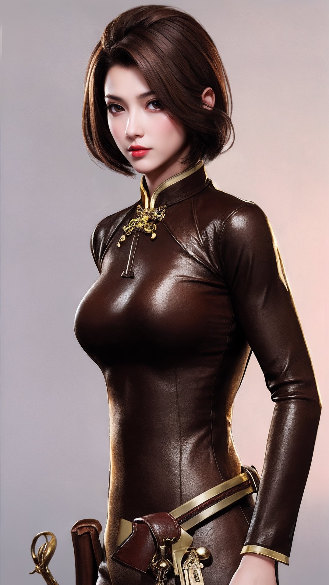 wallpaper character, lost ark,
1girl, solo, brown hair, black hair, upperbody, black leather aodai, (bulge), symmetrical