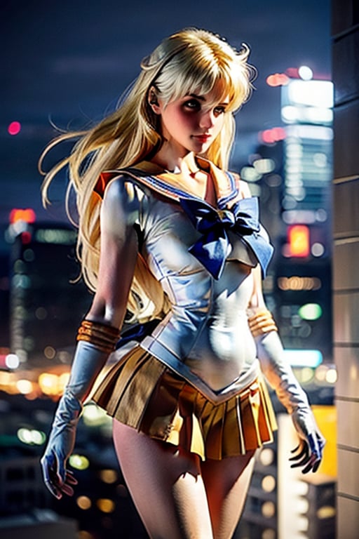  thin mature very tall Woman.
Long Oval face. Windy
Wide shoulders
Blonde air. Sailor venus outfit with intense orange short skirt with pleats.  Orange long gloves.
dramatic light
Tokyo at night in the background.
hourglass body shape,Futuristic room
aino minako
,sv1, sailor senshi uniform
