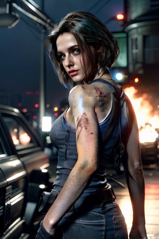  thin mature very tall Woman.
Long Oval face. Windy
Wide shoulders
Intense fire, dramatic light
Frank Frazetta styled background.
hourglass body shape,GAME_ResidentEvil3Remake_JillValentine_o
action pose