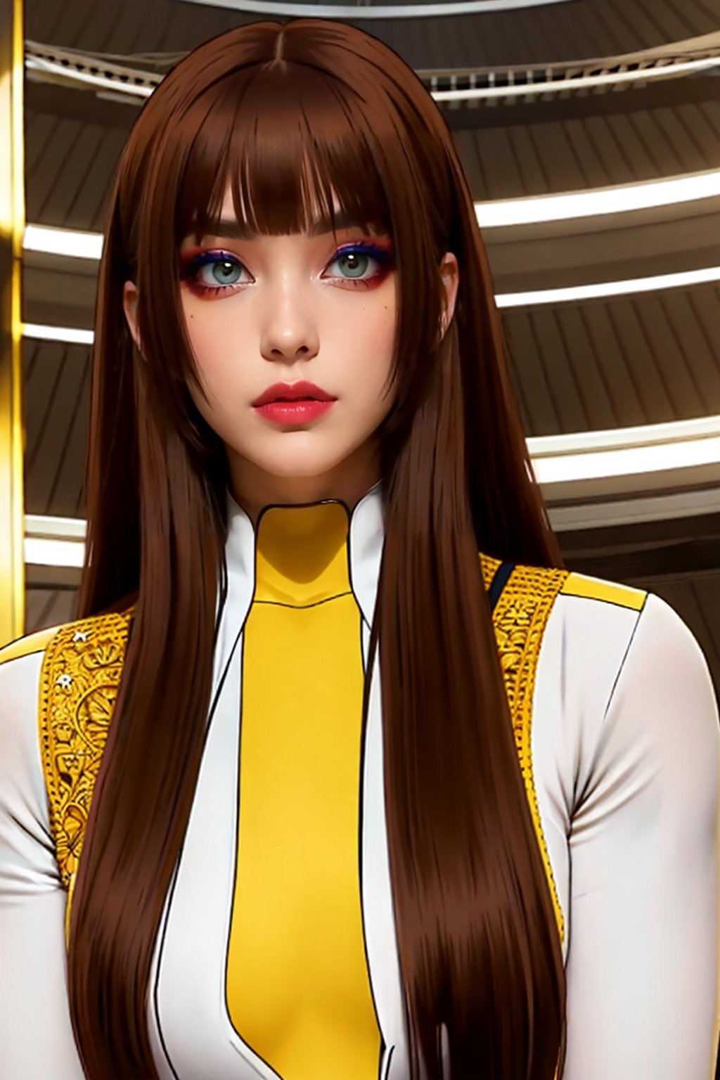 medium sized breasts, brown hair
yellow tight uniform with intricate details
very tall woman
hourglass body shape
intense makeup
fringes, long straight hair
two strands of hair falling on either side of her face 
close up
Yumi_SayakaU