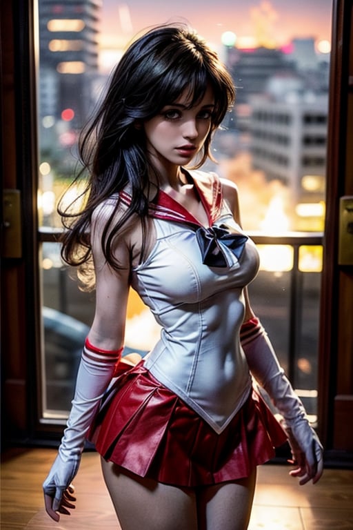  thin mature very tall Woman.
Long Oval face. Windy
Wide shoulders
Black hair. Sailor Mars. white sailor outfit with red skirt with pleats.  Red long gloves.
Intense fire, dramatic light
Tokyo at night in the background.
hourglass body shape,Futuristic room,sailor mars