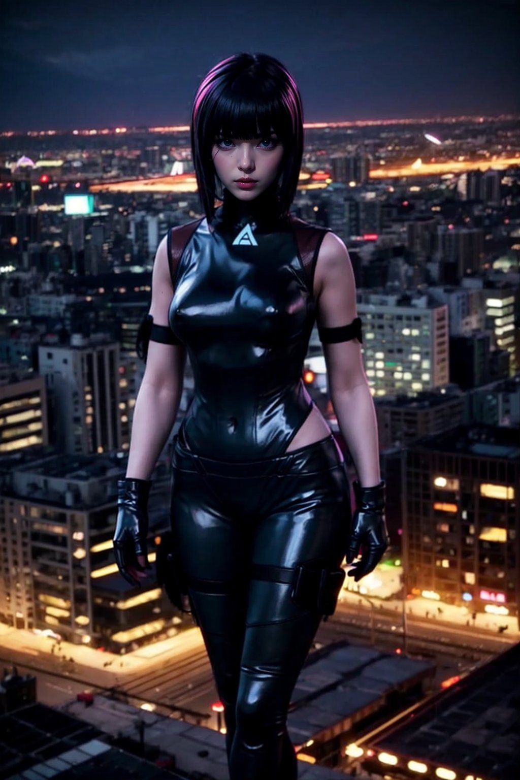 medium sized breasts, 
thin very tall mature Woman. Oval face. 
black latex outfit
hourglass body shape,xxmixgirl,black gloves
motoko kusanagi
city night neon lights
dramatic lighting
spotlight on face
bright colors,black gloves,hourglass body shape