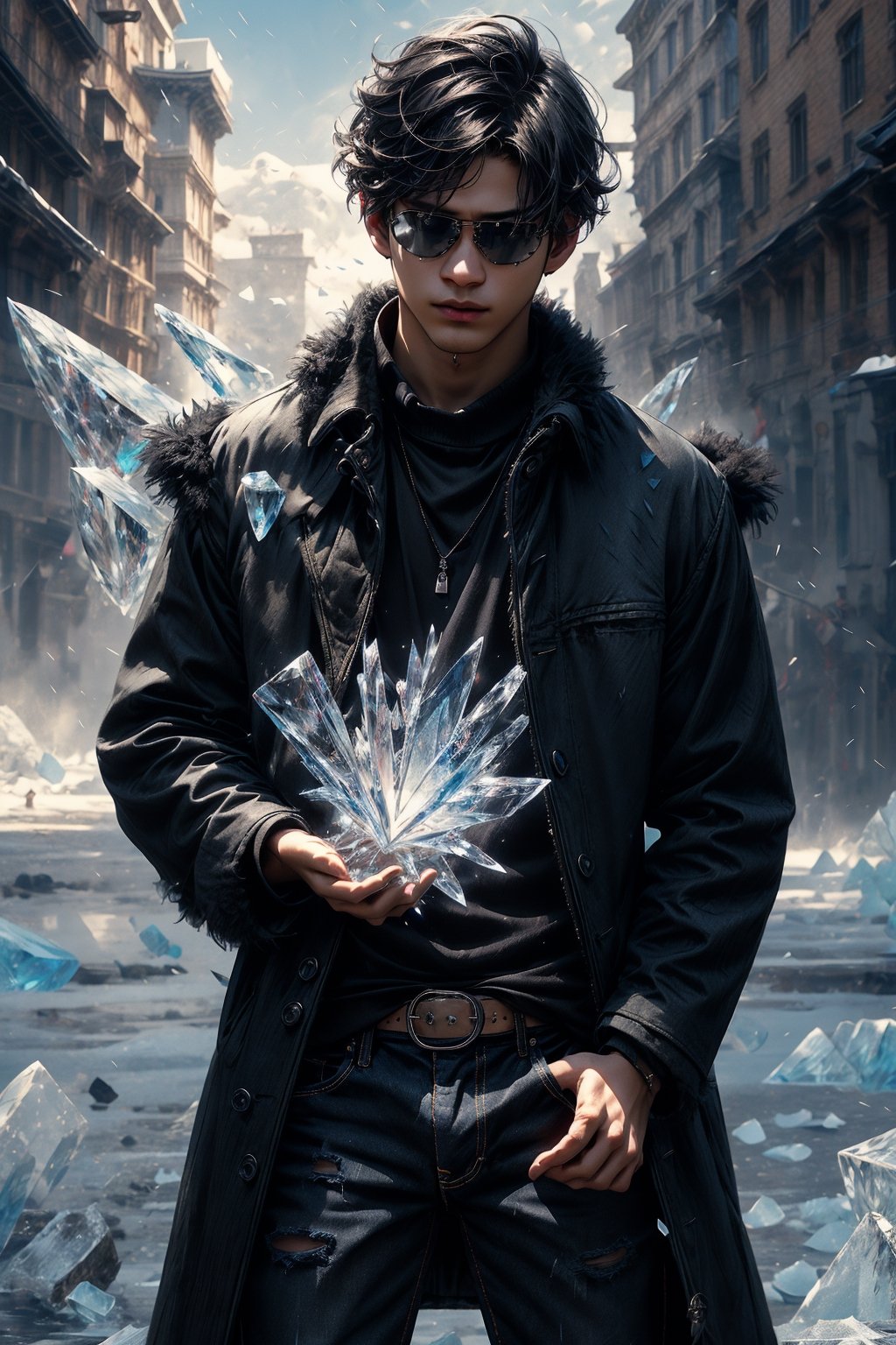 An 18-year-old Korean boy has ice magic in his one hands.
Ice magic, Breaking ice shards, Shattered ice background, Cowboy_shot, Looking_at_hand, Sleepy_face, Absurdly_short_black_hair, Black_long_coat, Black_jeans, Pretentious_face, Magical*_effect, Gorgeous magic, Light_Sunglasses,
8K, (Hyper real:1.4), Realistic, Masterpiece, Top Quality, Beauty and Aesthetics, Extremely Detailed, Abstract, Fractal Art, Perfect_fingers, pretentious_face,
