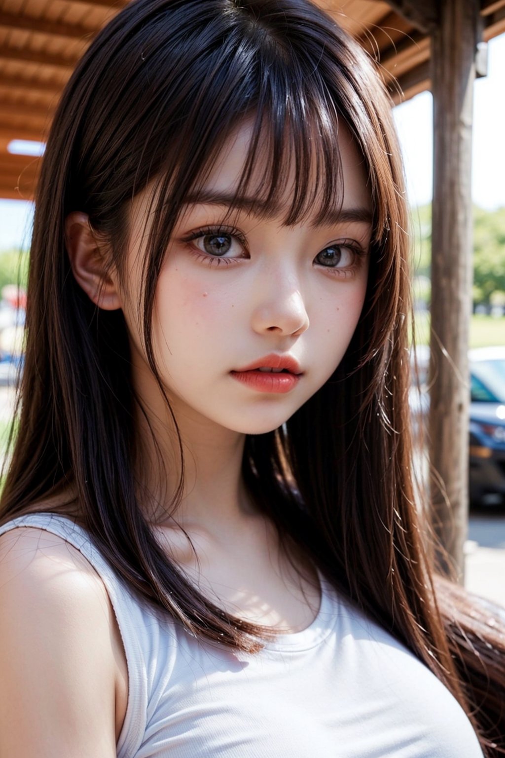 ((Japanese young pretty)),high school student,15years,(rouge:1.5)(Innocent beautiful girl:1.5)straight hair(smooth bangs)(close up of face:1.2),()white tank top,outdoors
(((straight hair)))(big breasts)()
