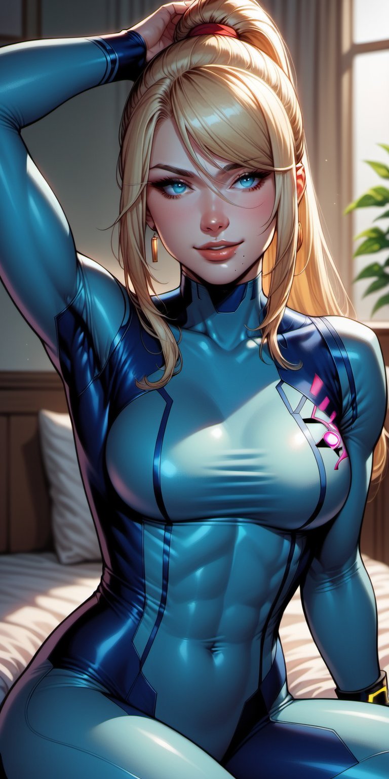 score_9, score_8_up, score_7_up,1girl, solo, long hair, breasts, looking at viewer, smile, bangs, blue eyes, blonde hair, jewelry, medium breasts, sitting, ponytail, earrings, parted lips, artist name, arm up, lips, bodysuit, covered navel, watermark, skin tight, web address, patreon username, blue bodysuit, zero suit, samus aran,Comics style pony,