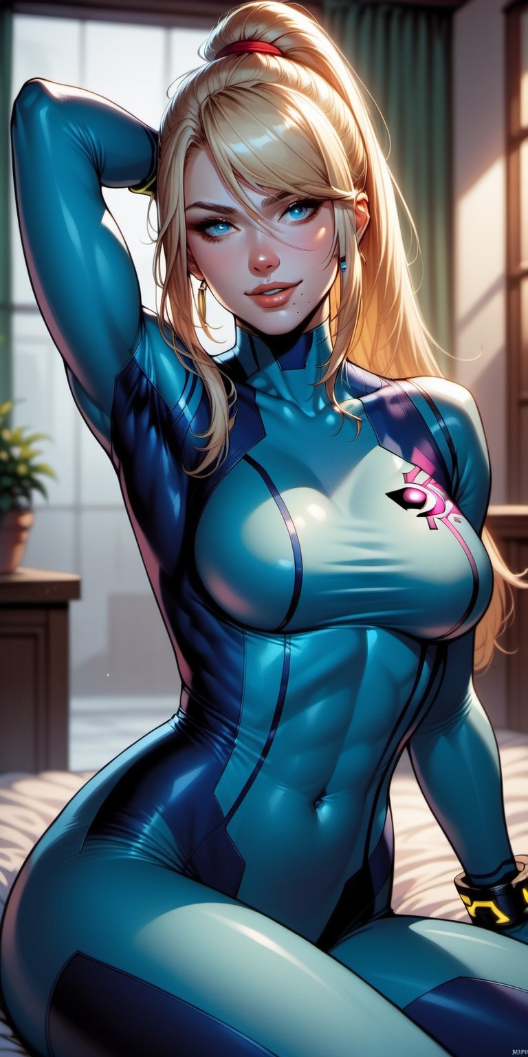 score_9, score_8_up, score_7_up,1girl, solo, long hair, breasts, looking at viewer, smile, bangs, blue eyes, blonde hair, jewelry, medium breasts, sitting, ponytail, earrings, parted lips, artist name, arm up, lips, bodysuit, covered navel, watermark, skin tight, web address, patreon username, blue bodysuit, zero suit, samus aran,Comics style pony,