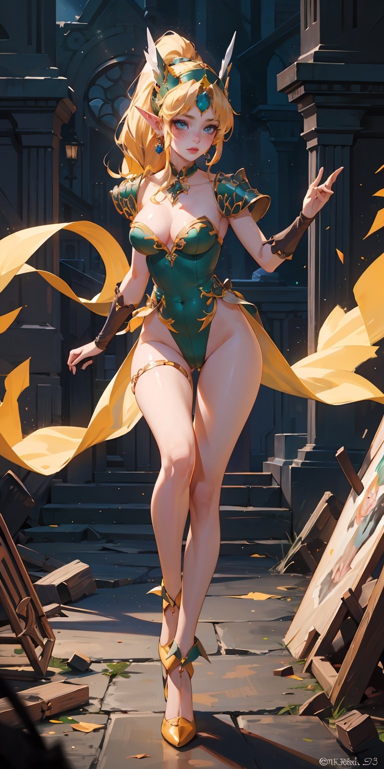 masterpiece,best quality,ultra-detailed,High detailed,picture-perfect face, freckles,blush,(elf),def1,green leotard,shoulderpads,valkyrie helmet,leather glovers,earrings,jewlery,(perfect female body,slim thicc),tall,long legs,slim calfs,long legs,(thigh gap),(platinum blonde hair),ponytail,goddess,charming, alluring,seductive,enchanting,makeup, fantasy,templeclouds,heavenly,supernatural beauty,
