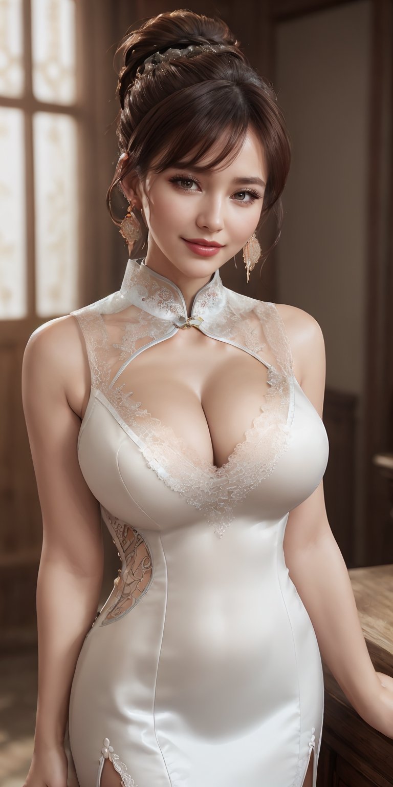 a beautiful woman, Perfectly realistic face, surreal skin texture, realistic, film grain, (big breasts), messy hair, (8K, original photo, top quality, masterpiece), model Body shape, standard body shape, full HD, soft expression, Exquisite makeup, bright smile, Exquisite earrings, (Sleeveless cheongsam, slit, lace cutout, Cutout waist)