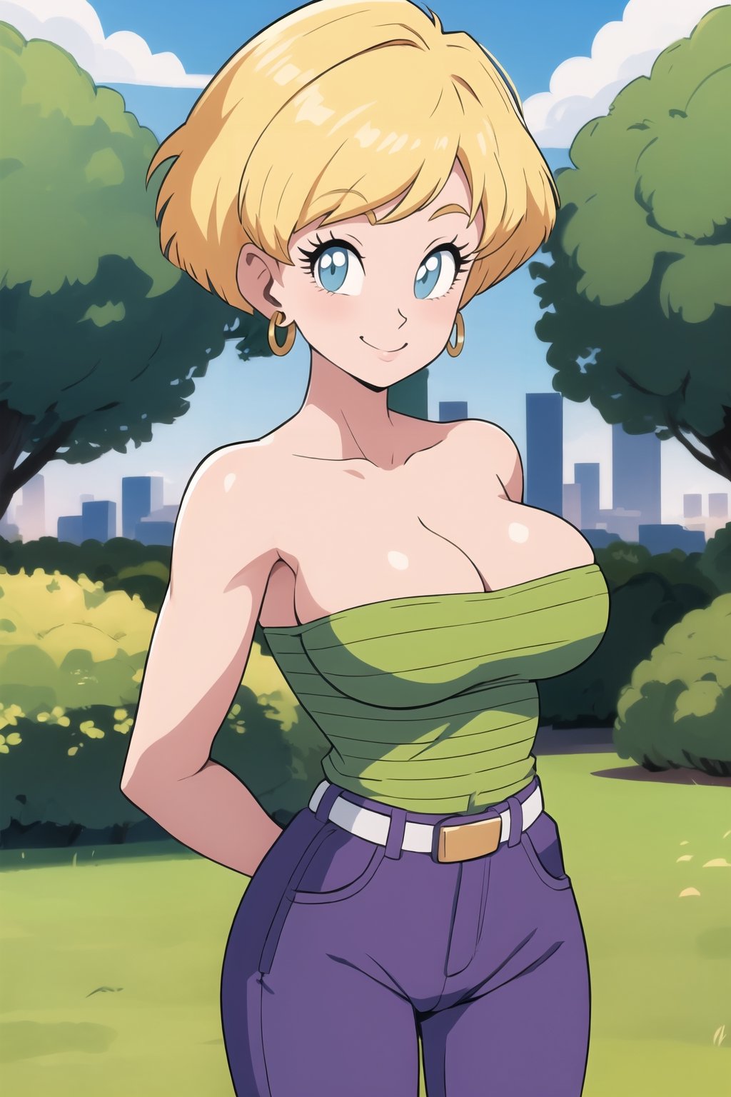 masterpiece, best quality,  erasa, blonde hair, earrings, green shirt, striped, strapless, cleavage, white belt, purple pants, large breasts, cowboy shot, smile, arms behind back, park, city, trees, grass, looking at viewer,erasa