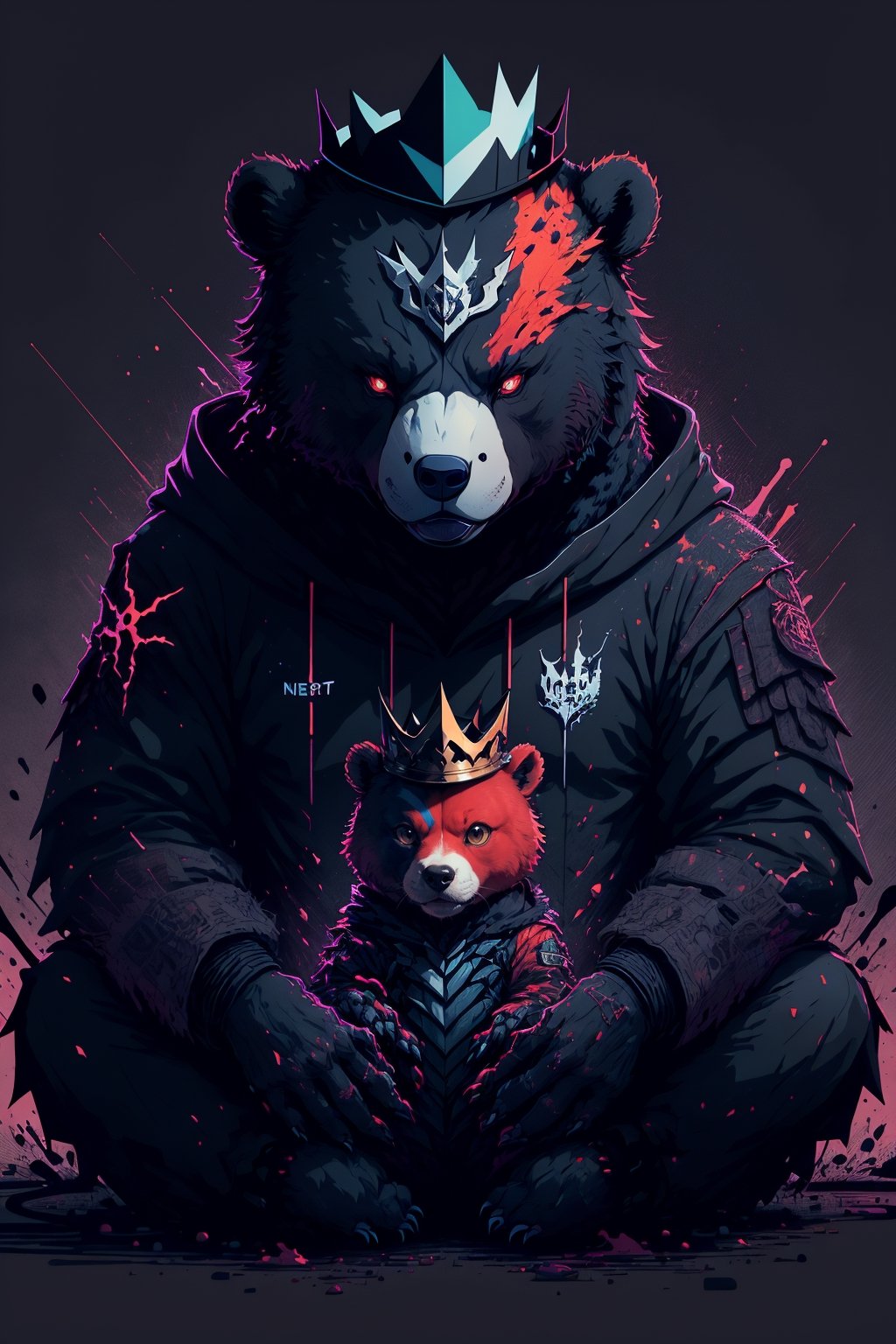 vector style, solo, looking at viewer, horror background, sitting, no humans, a cute Bear, animal, beautiful, visually stunning, elegant, incredible details, award-winning painting, high contrast, vector art, line art, splatter, flat color, color merge gradient, , (dark black theme:1.2), (white neon color), glowing,red neon, crown, serious, red,tshee00d,white color