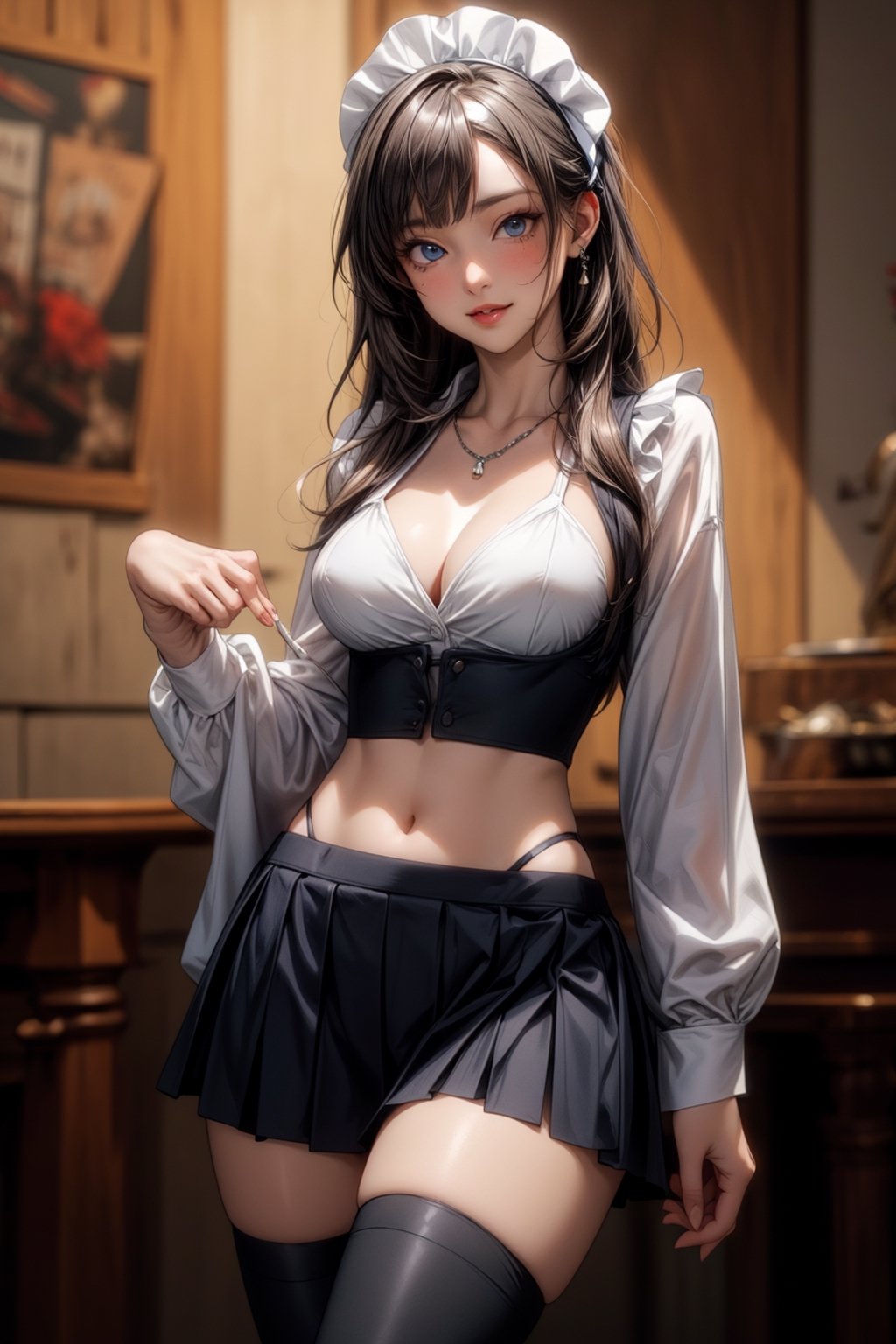 masterpiece:,extremely detailed CG:,8k:,sigma mm lens, perfect lighting,best quality,highres,original,Gravure Photo:, realistic:,cowboy shot, girl yo:,Six-headed,Cheeky little bitch:,round eyes:,blue eyes,blunt bangs,blue straight hair:,A mole under her right eye,:o,She is showing her double teeth,Noble demeanor:thicc:,LOLI:,clear smile,thigh boots, sexy maid ddress, necklace, black hair bow,underbust, jewelry,hair down,pleated skirt,She has her hips pulled back