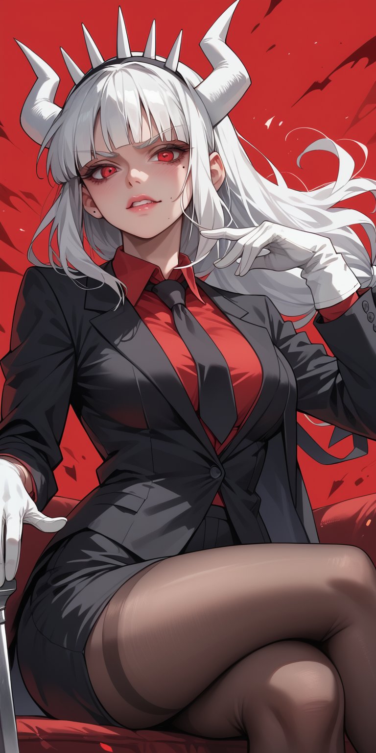 score_9, ,score_8_up,score_7_up,score_6_up, lucifer \(helltaker\), 1girl, black necktie, black suit, crossed legs, demon girl, demon horns, gloves, horns, long hair, mole, mole under eye, necktie, red background, red eyes, red shirt, shirt, solo, suit, white gloves, white hair, white horns