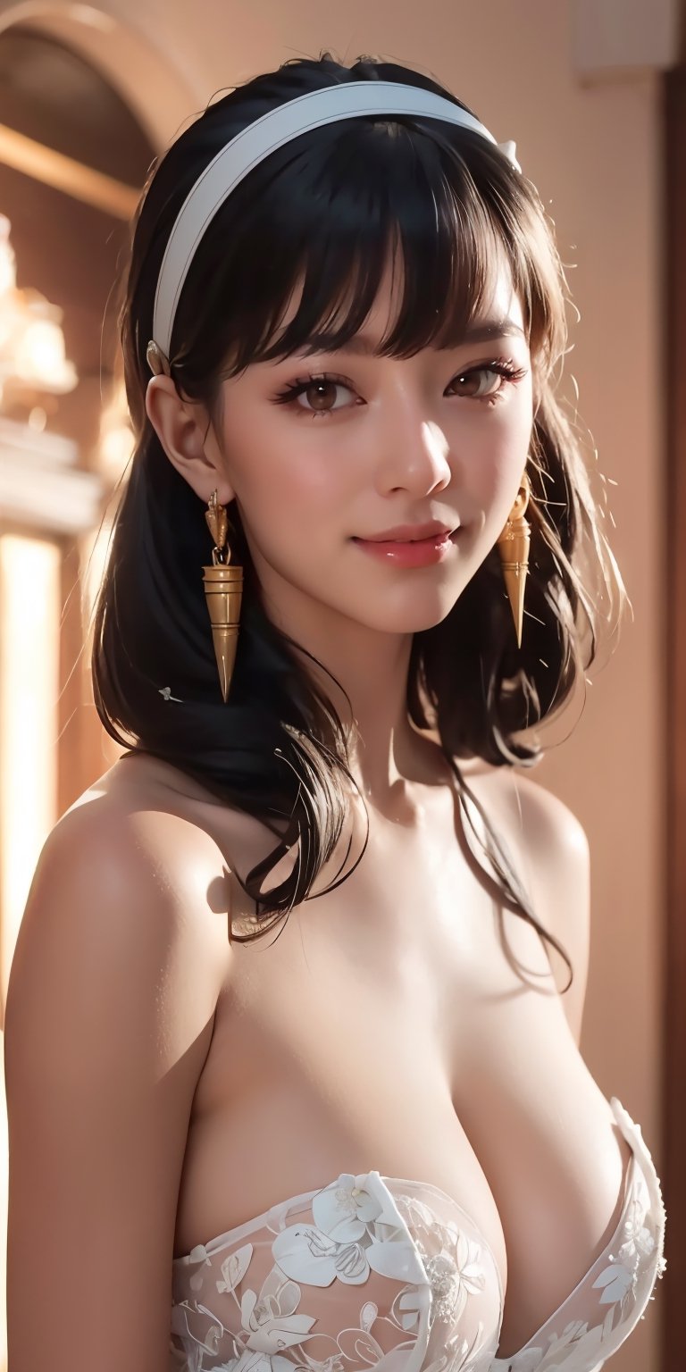 black wedding dresses, red eyes, black hair, earrings, white Hairband, fringe over forehead, 4k,best quality,masterpiece,20yo 1girl, alluring smile, head ornaments

(Beautiful and detailed eyes),
Detailed face, detailed eyes, double eyelids ,thin face, real hands, muscular fit body, semi visible abs


real person, color splash style photo
,ybv1,wedding dress