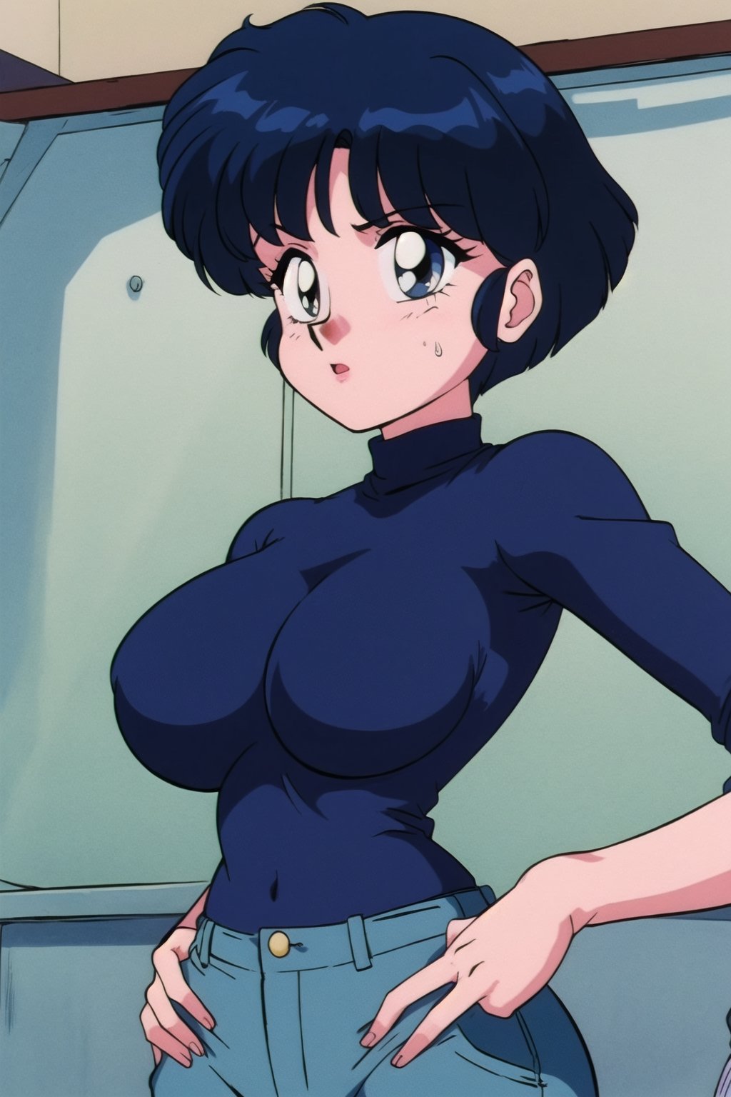 TendouAkane, Solo_Female, ((red long sleeves turtleneck shirt)), ((grey brown jeans)), short curly bob curvy bang blue hair, brown eyes, curvy wide hips, ((Thicc Juicy Big Butt)), Bootylicious, back_view, ((hands on hips)), looking-at-viewer, masterpiece, best quality, detailed face, detailed, high_resolution, 4k,EPTakeuchiNaokoStyle,