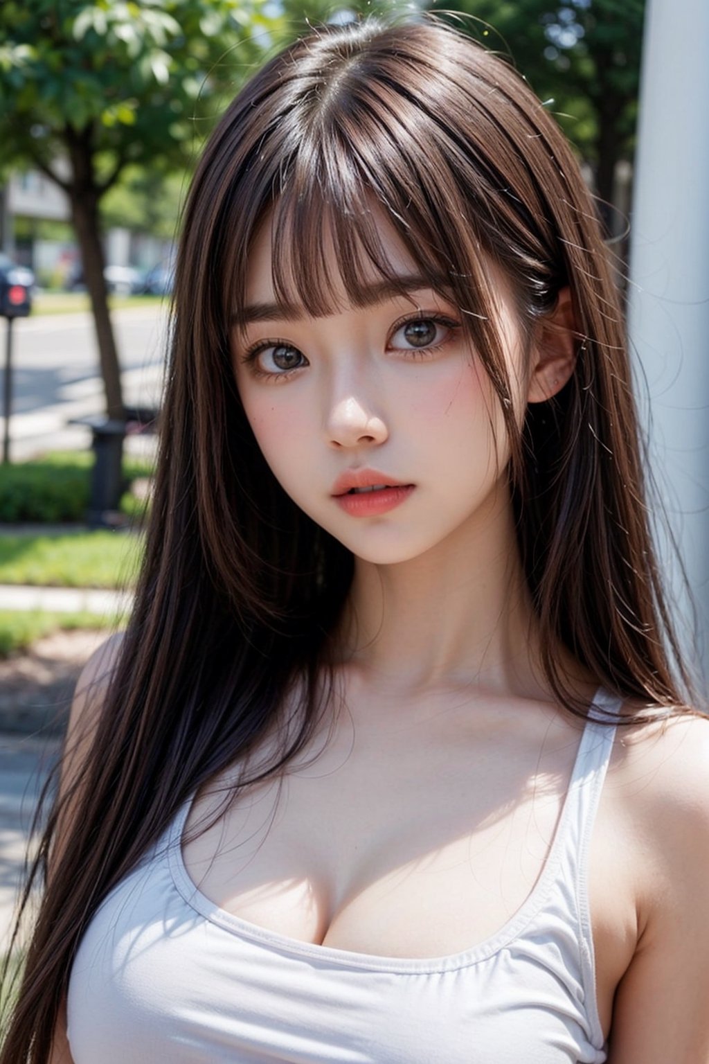 ((Japanese young pretty)),high school student,15years,(rouge:1.5)(Innocent beautiful girl:1.5)straight hair(smooth bangs)(close up of face:1.2),()white tank top,outdoors
(((straight hair)))(big breasts)()
