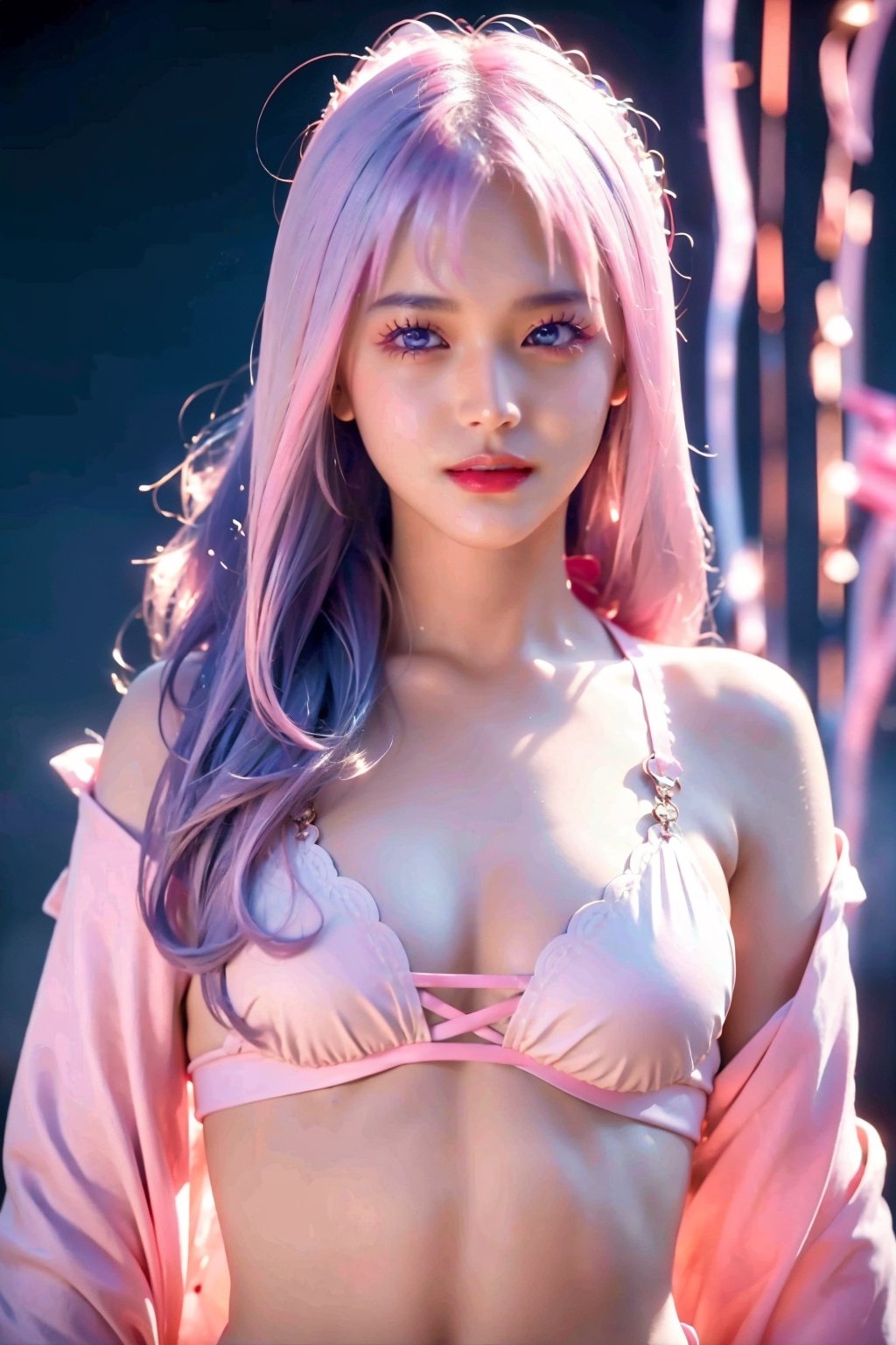 (masterpiece, top quality, best quality, official art, beautiful and aesthetic:1.2), hdr, high contrast, wideshot, 1girl, blunt bangs, looking at viewer, (seducing act), frosty, icy eyeshadow, longfade eyebrow, soft make up, juicy lips, large breast, hourglass body, light smile, finger detailed, background detailed, ambient lighting, extreme detailed, cinematic shot, realistic ilustration, (soothing tones:1.3), (hyperdetailed:1.2), plmtbknazln, twintails, large breasts, navel, white string bikini, side-tie bikini bottom, pink ribbon, blunt bangs,r1ge,frey4,est4