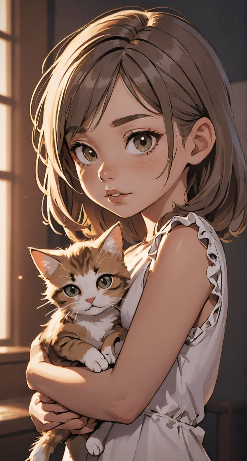 A stunning oil painting of a glamorous portrait of a little girl cradling a kitten in her arms. The image is bathed in cinematic lighting that creates a warm and evocative glow on the scene. The depth of field is beautifully crafted, drawing attention to the tender moment between the child and her beloved pet. The artwork captures an intriguing combination of hyperrealistic detail, precise architectural lighting, plastic and neon-like materials. Additionally, there are precisely anatomical elements which give a sense of realism to the image. The whole piece is masterfully crafted with great attention paid to every detail in order to create a truly stunning visual experience,1girl