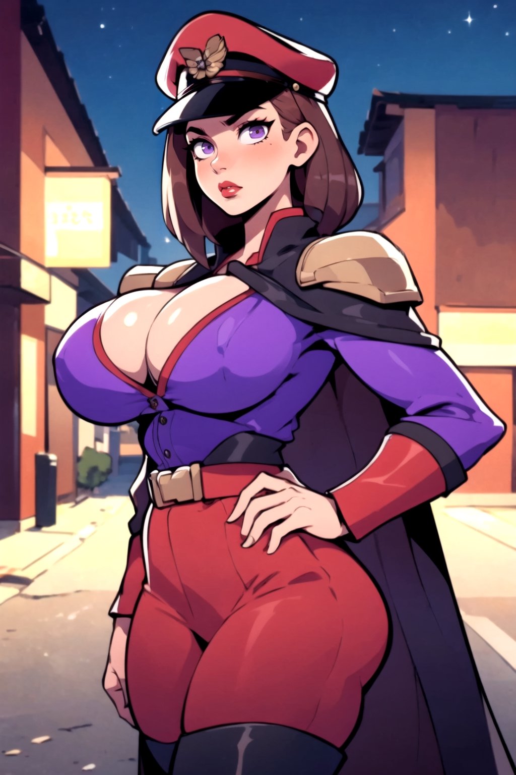 Masterpiece, Best Quality, perfect breasts, perfect face, perfect composition, UHD, 4k, ((1girl)), ((solo)), purple eyes, (((red military uniform))), (((female m. bison))), in a street, at night, busty woman, great legs, ((dark-brown hair)), shoulder-length hair, ((natural breasts)), red lipstick,thepit, (cowboy shot), large breasts, long cape,