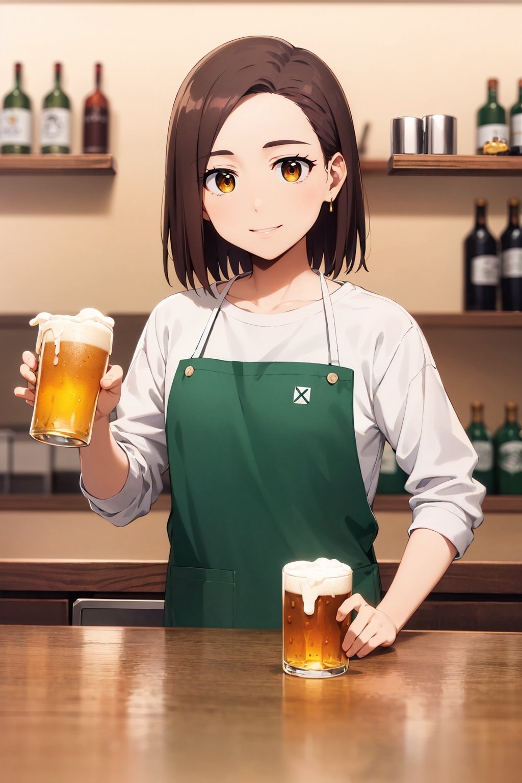 Beautiful, 4k, Masterpiece, high quality, highly detailed,Perfect Hand, Pose details, Serving beers, Hand on beers, physical detail, Happy, Smiling, Clothing, white shirt, brown apron, Place, Bar, Character, Kotoha Tachibana