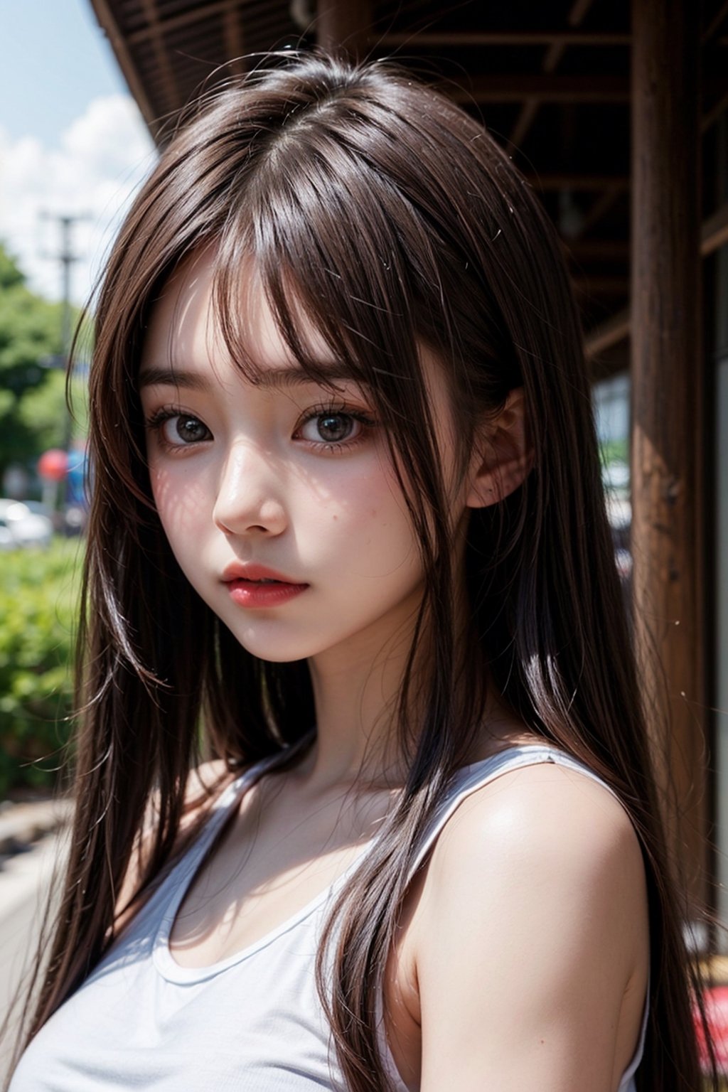 ((Japanese young pretty)),high school student,15years,(rouge:1.5)(Innocent beautiful girl:1.5)straight hair(smooth bangs)(close up of face:1.2),()white tank top,outdoors
(((straight hair)))(big breasts)()
