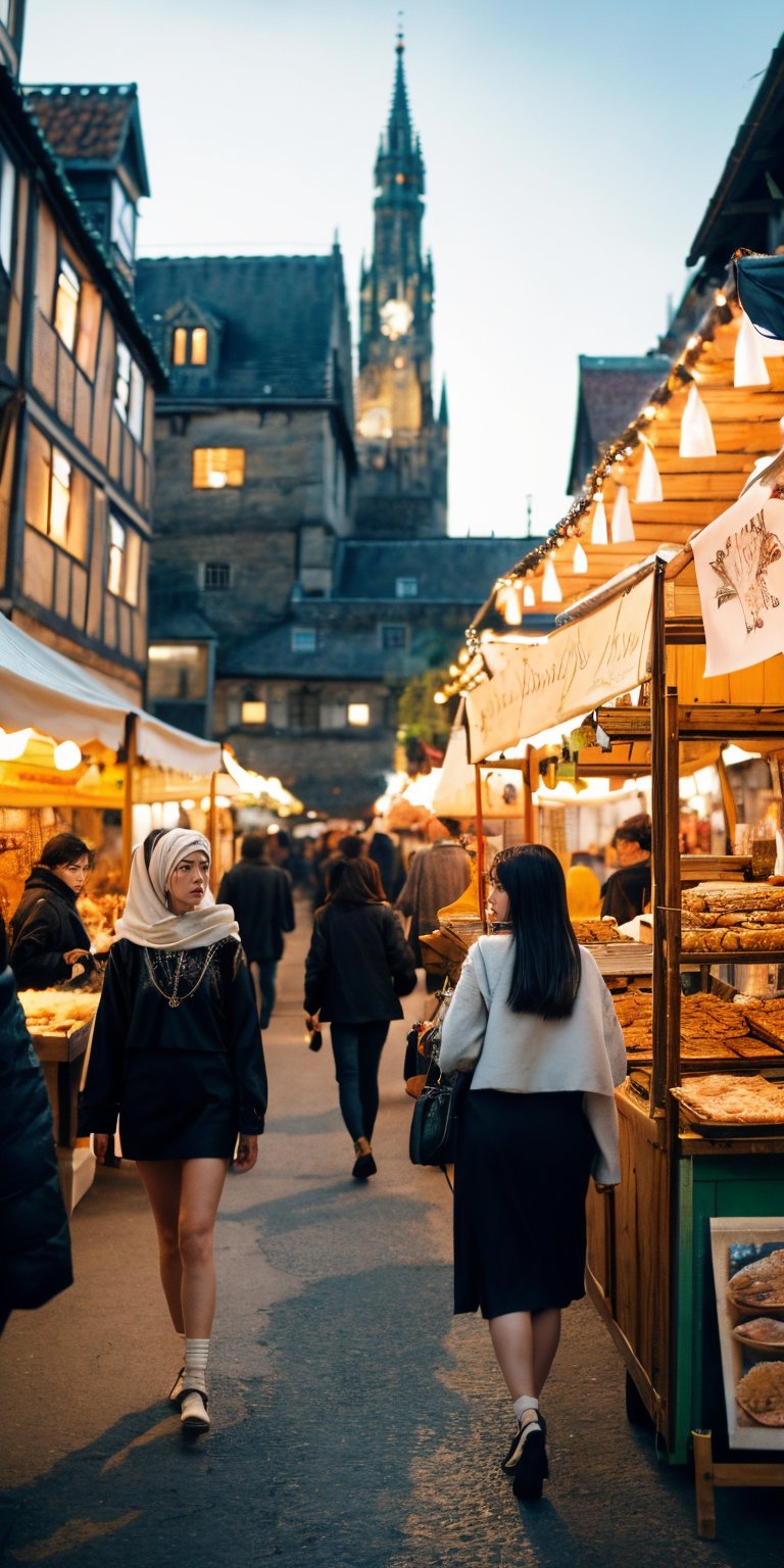 Step into the enchanting world of medieval Europe as you embark on a journey through a bustling market fair. Immerse yourself in the sights, sounds, and aromas of this vibrant marketplace that thrives with activity and commerce.

The illustration captures the essence of a medieval market fair, with its narrow cobblestone streets lined with colorful stalls and bustling crowds. Merchants from near and far showcase their wares, creating a tapestry of vibrant textiles, gleaming jewelry, and handcrafted goods that tantalize the senses.

The market square is alive with energy as people of all walks of life engage in lively exchanges. Knights in shining armor mingle with peasants and nobles, while minstrels and troubadours provide the soundtrack to the lively atmosphere. The air is filled with the aroma of freshly baked bread, roasted meats, and aromatic spices, drawing visitors to the various food stalls offering delectable treats.

Intriguing characters dot the scene, including jesters entertaining the crowd with their antics, and merchants haggling over prices with customers. Visitors navigate the maze of stalls, their arms laden with treasures and trinkets, as they engage in lively conversations and revel in the unique experiences offered by the market fair.

The architecture of the surrounding buildings showcases the distinctive medieval style, with timber-framed structures adorned with intricate carvings and colorful banners. Turrets and towers punctuate the skyline, evoking a sense of history and grandeur.

This illustration offers a glimpse into the vibrant and spirited atmosphere of a medieval European market fair, transporting viewers to a bygone era. It captures the essence of the communal spirit, the lively trade, and the rich tapestry of cultures that converged in these bustling marketplaces.

Whether you seek to experience the thrill of haggling for treasures, indulge in delicious delicacies, or simply immerse yourself in the sights and sounds of an era long past, a visit to a medieval market fair promises an unforgettable journey into the heart of European history.