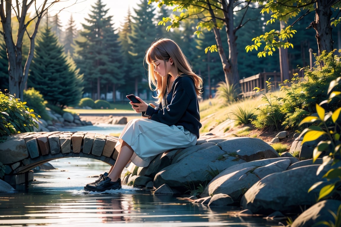 evening listening to music watching the cell phone, sitting next to a bridge over a stream, lens 50mm f1.2
