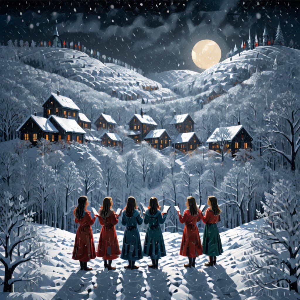 Artistic style of Gerd Arntz, girls in a snowy landscape singing in a choir, snowy and Christmas landscape.,Leonardo Style,ral-chrcrts