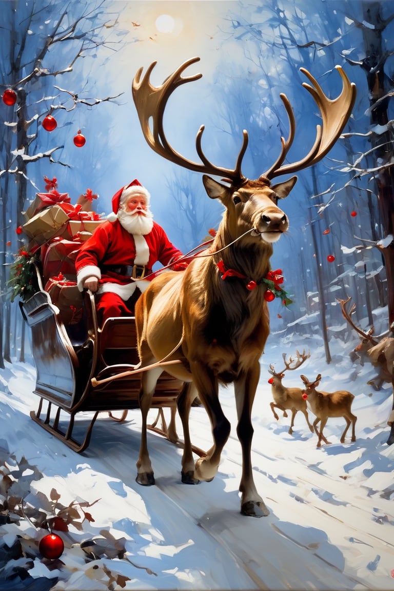 Christmas scene, a flying sleigh pulled by reindeer with bright red noses, magical scene, Santa Claus, Rudolph the reindeer with the bright red nose


Paul Hedley's artistic style in burnt umber and rose tones,

,BJ_Blue_butterfly