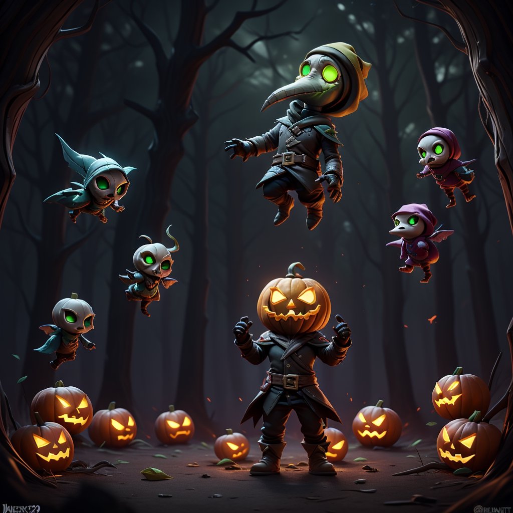 "death prophet" from Dota2 surrounded by her ghosts, glowing green eyes, full body shot, cinematic lighting, gloomy mood, horror,plague doctor,horror,Jack o 'Lantern, jack-o'-lantern monster, little elves with jack-o'-lantern heads, clash of clash