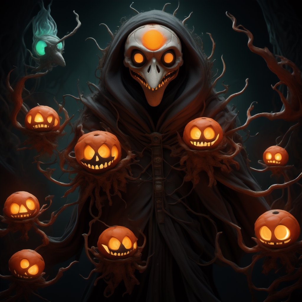 "death prophet" from Dota2 surrounded by her ghosts, glowing green eyes, full body shot, cinematic lighting, gloomy mood, horror,plague doctor,horror,Jack o 'Lantern, jack-o'-lantern monster, little elves with jack-o'-lantern heads, clash of clash, heterochromia,EpicArt,AGE REGRESSION,DonMG414