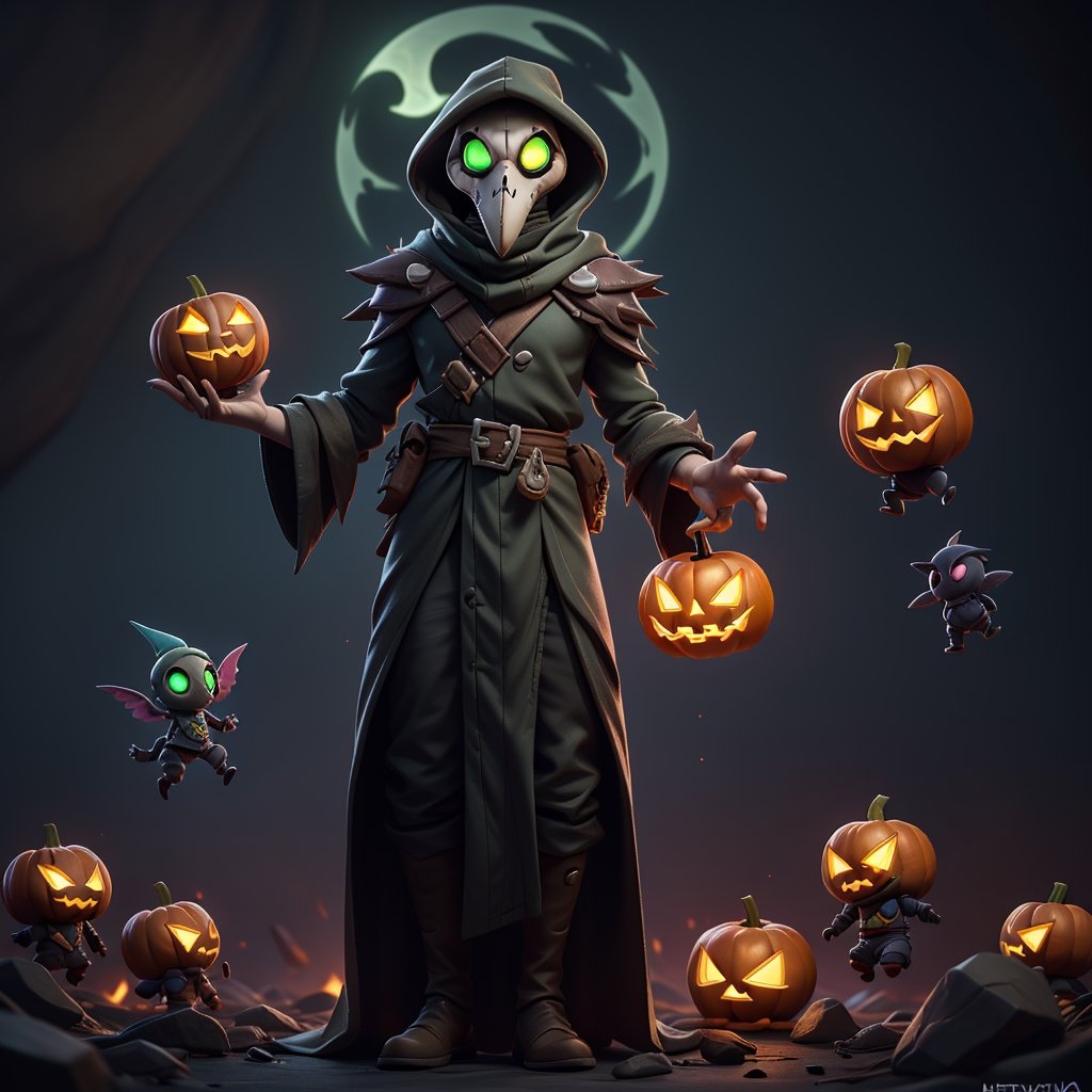 "death prophet" from Dota2 surrounded by her ghosts, glowing green eyes, full body shot, cinematic lighting, gloomy mood, horror,plague doctor,horror,Jack o 'Lantern, jack-o'-lantern monster, little elves with jack-o'-lantern heads, clash of clash, (heterochromia)
