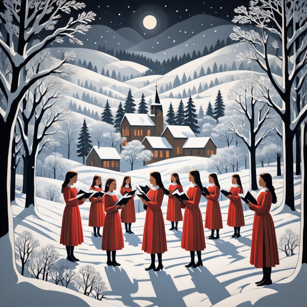 Artistic style of Gerd Arntz, girls in a snowy landscape singing in a choir, snowy and Christmas landscape.