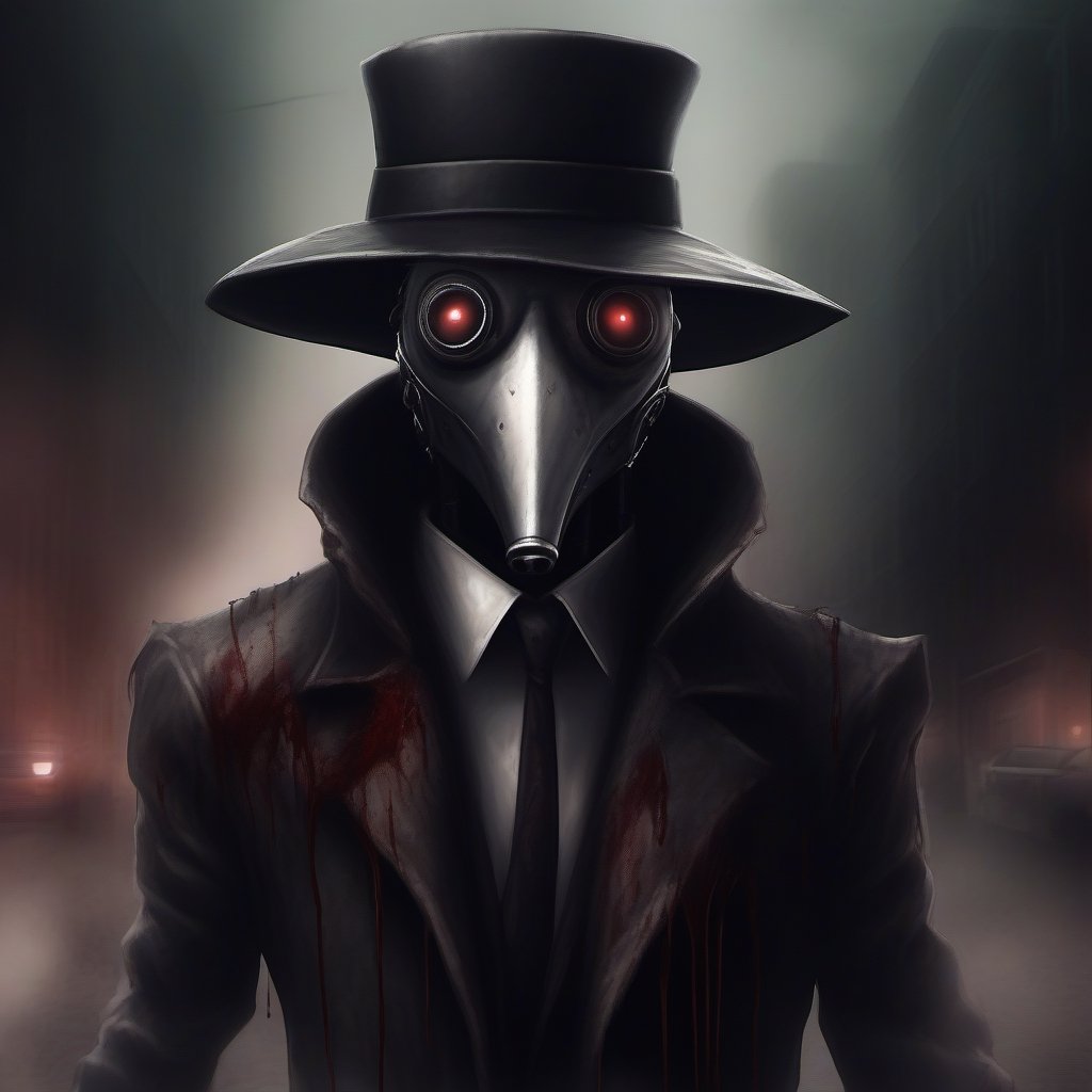 scary with blood, robot, estilo gotico con una mascara negra en forma de pico en una ciudad de neos y con humo de fondo, mascara en forma de pico, plague_mask, corbus_face_ robotic, hightech_robotics, margaret , plague doctor, Marionette,silent hill style