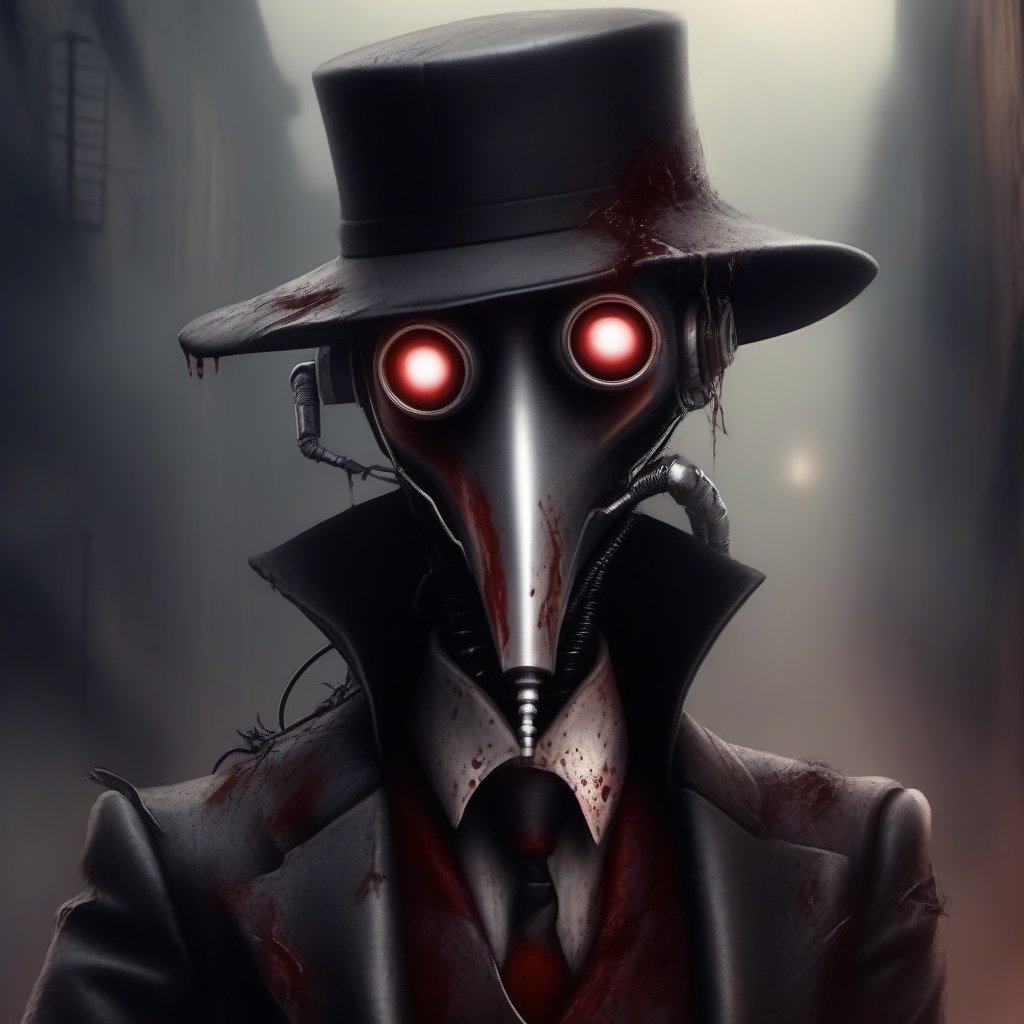 scary with blood, robot, estilo gotico con una mascara negra en forma de pico en una ciudad de neos y con humo de fondo, mascara en forma de pico, plague_mask, corbus_face_ robotic, hightech_robotics, margaret , plague doctor, Marionette,silent hill style