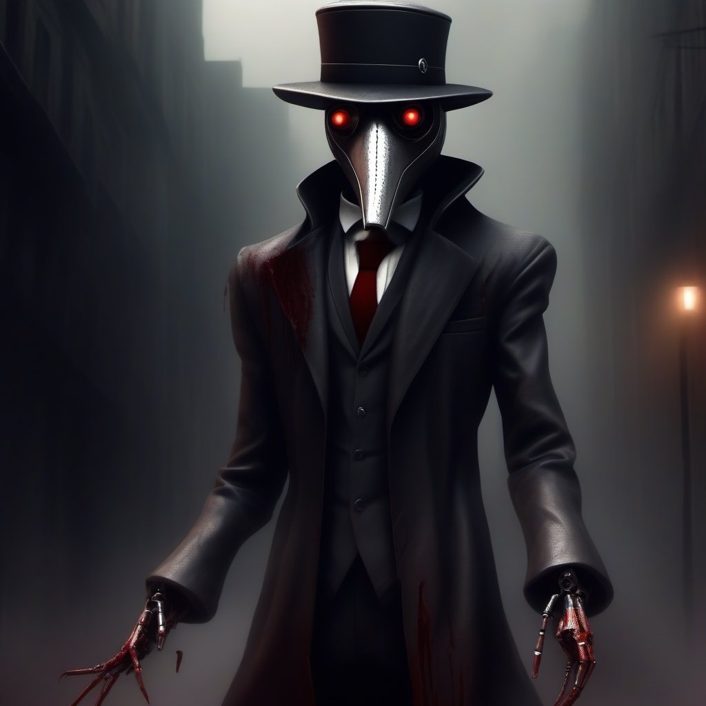 scary with blood, robot, estilo gotico con una mascara negra en forma de pico en una ciudad de neos y con humo de fondo, mascara en forma de pico, plague_mask, corbus_face_ robotic, hightech_robotics, margaret , plague doctor, Marionette,silent hill style